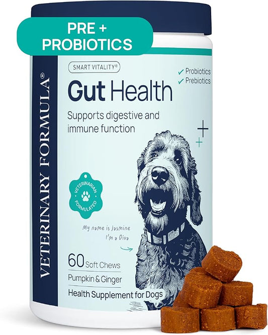 Veterinary Formula Gut Health Supplement for Dogs – Vet-Formulated Probiotic Chews with Digestive Enzymes & Fiber – Smart Vitality Supports Digestive Health, Gut Balance & Stool Quality, 60 Soft Chews