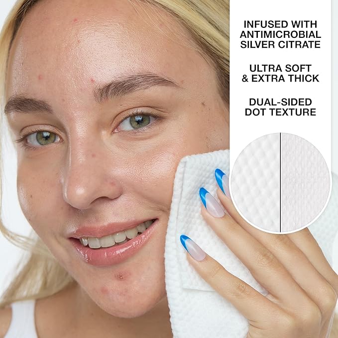 PEACE OUT Silver Shield Face Towels, For Blemish Prone Skin, Disposable Daily Use Skincare, Super Absorbent, Lux Soft Feel, All Skin Friendly, Duel Sided, 30 count