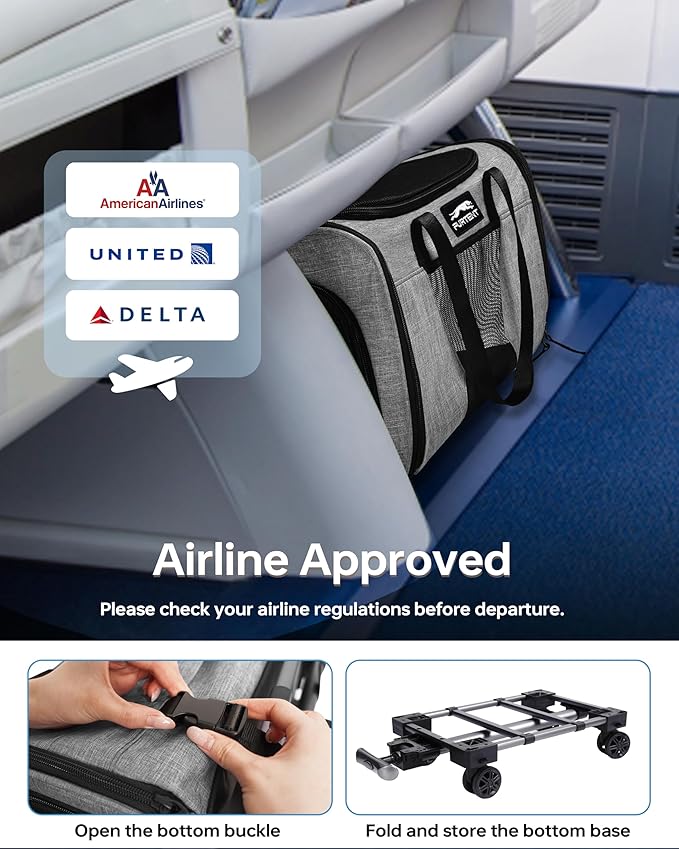 Pet Carrier with Removable Wheels American Airline Approved, Rolling Cat Carrier with Telescopic Handle and Shoulder Strap, Breathable Soft-Sided Carrier with Locking Zipper for Small Cats Dogs(Grey)