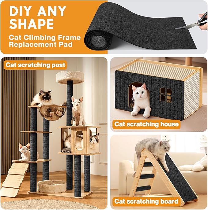 MIAOKE 2 Pcs 40 × 16 in Cat Scratch Furniture Protector with Cutter Slider and Measuring Tape, Trimmable Self-Adhesive Cat Scratch Carpet, Suitable for DIY Cat Tree Stands, Sofas,Cat Tower
