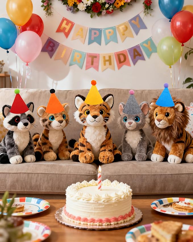 PET SHOW 12 Pack Small Birthday Party Hats for Stuffed Animals Plush Toys Dolls Adjustable Holiday Hats Felt Pom Pom Medium Dogs Pet Grooming Costume Accessories