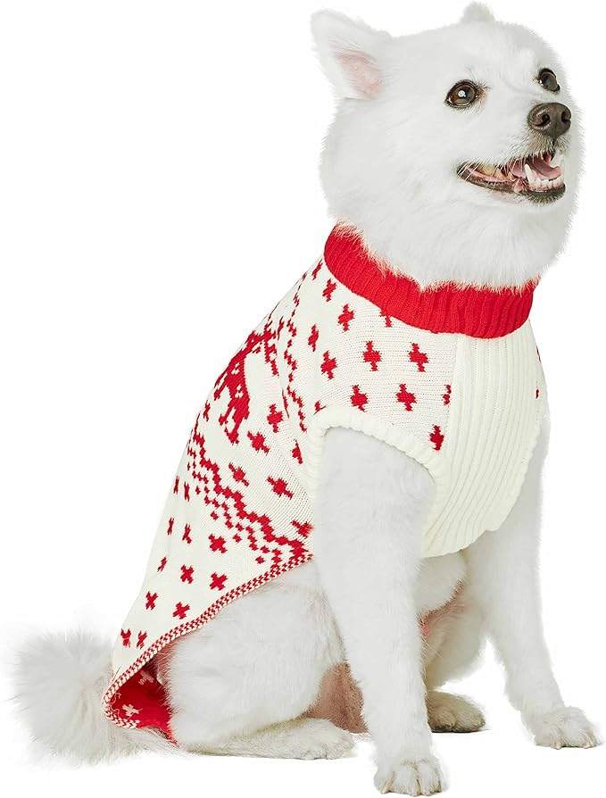 Blueberry Pet Dog Sweater: Festive Red Ugly Christmas Sweater for Medium Dogs, Holiday Reindeer & Snowflake Pullover, 14" Back Length, Perfect Small Dog Holiday Sweater for Family Photos