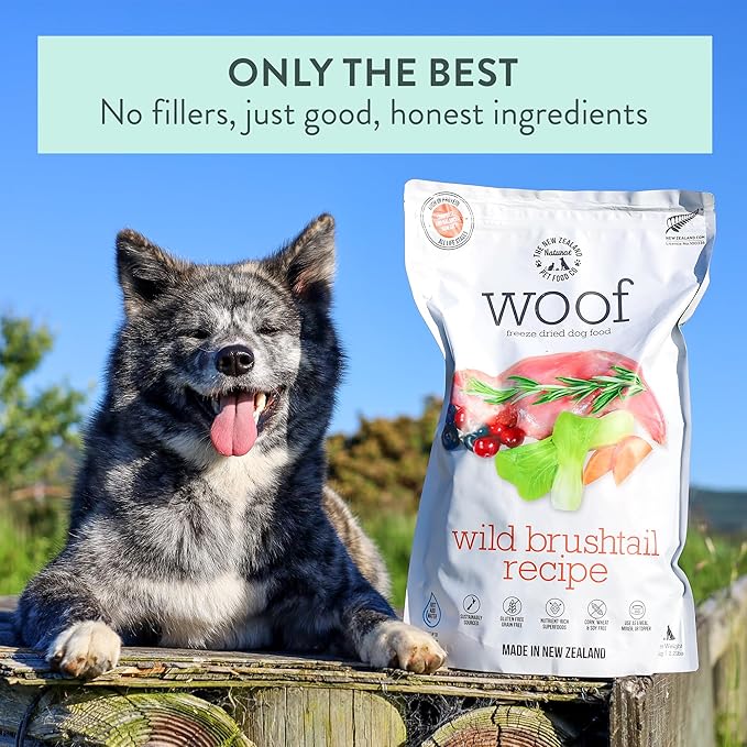 The New Zealand Natural Pet Food Co Woof Wild Brushtail Freeze Dried Raw Dog Food, Mixer, or Topper, or Treat - High Protein, Natural, Limited Ingredient Recipe - 9.9 oz