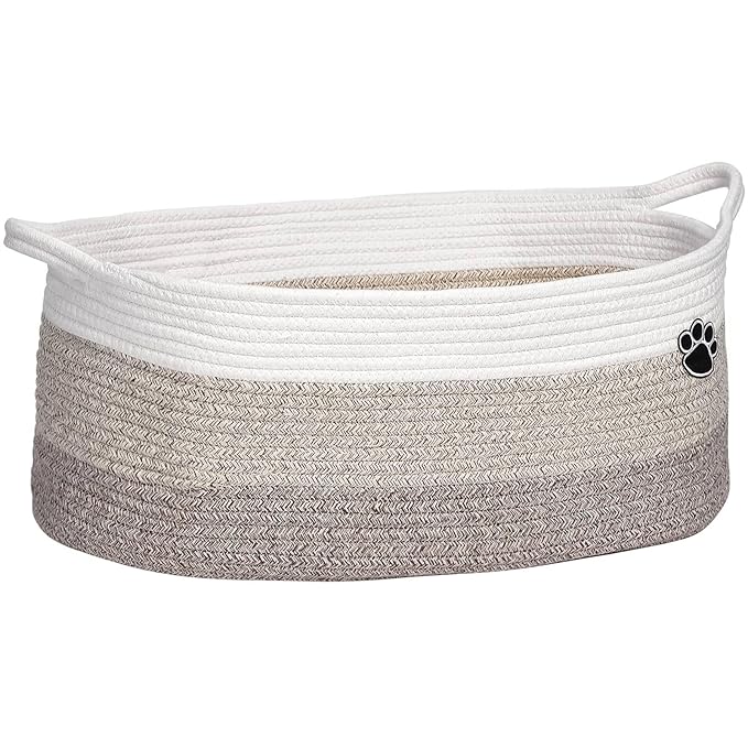 Dog Toy Basket, Toy Box and Bin for Dog Cat Storage, 19.7" X 11" X 7.9" (30L) Large Woven Rope Basket for Blanket Storage, Living Room, Bedroom, White & Brown