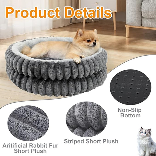 Cat Beds for Indoor Cats,Washable Round Donut Dog Bed,Fluffy Puppy Dogs Beds for Small Dogs with Anti-Slip Bottom(Grey,S)