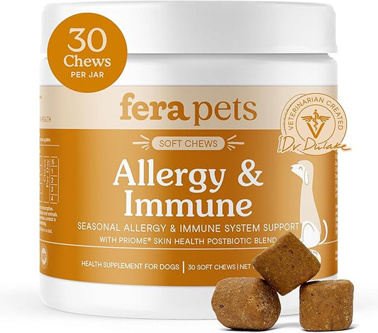 Fera Pets Dog Allergy and Immune Support with Organic Mushrooms, Postbiotics & Colostrum - Promotes Skin & Gut Health - Soothes Seasonal Allergy Symptoms - 30 Soft Chews