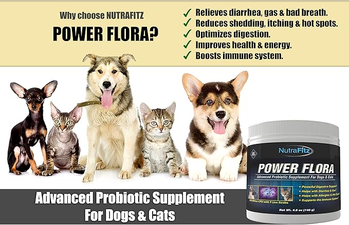 Power Flora - Probiotics for Dogs and Cats with 9 Live Strains - Dog Probiotics Improves Dog Breath, UTI, Diarrhea, Constipation, Skin Allergy, Hot Spots - Odorless Powder - 350 Billion CFU/jar