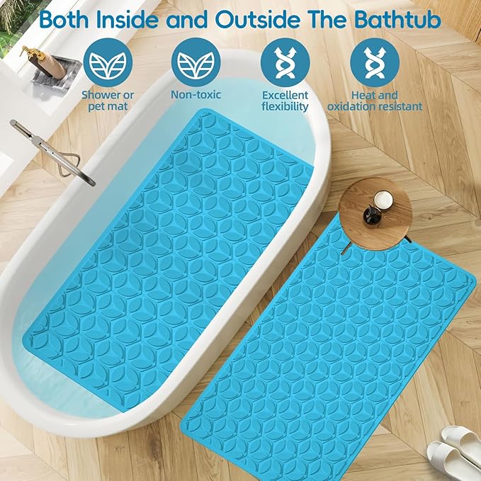 WRISIN Bathtub Mat Non Slip with Suction Cups - 100% Rubber Bathroom Mat Textured for Bath Tub Shower Safety - Soft on Touch - BPA/PVC Free - Pet Dog Bath Mat - Machine Washable - 16 × 28 Inch（R Blue）