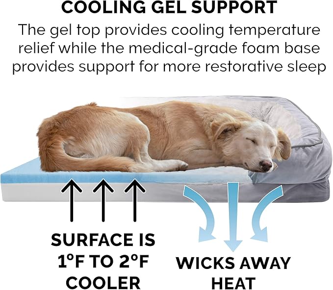 FurHaven Cooling Gel Dog Bed & goDog Toy - Squeaky Plush Dino with Chew Guard Technology for Large Dogs - Plush & Velvet Waves Perfect Comfort Sofa - Granite Gray, Jumbo Plus/XXL