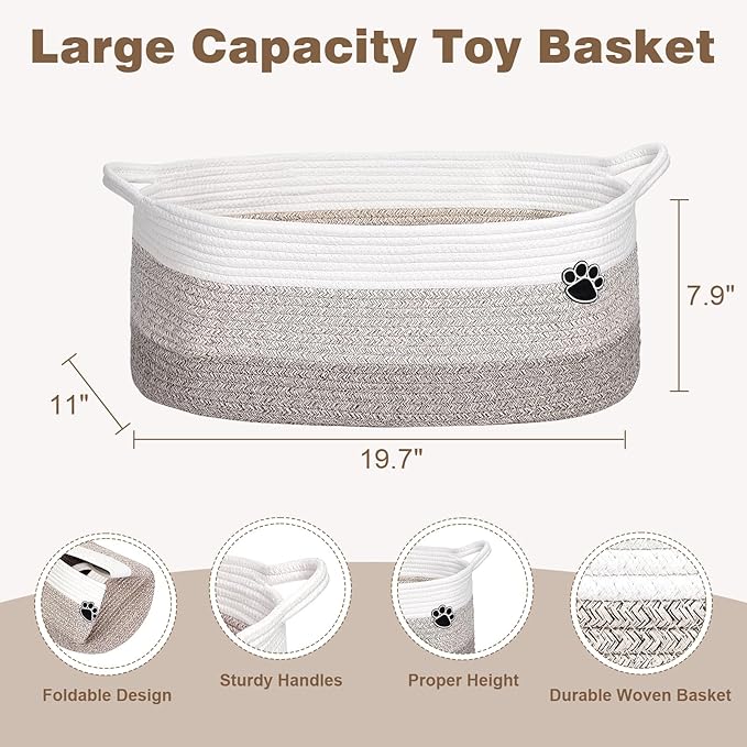Dog Toy Basket, Toy Box and Bin for Dog Cat Storage, 19.7" X 11" X 7.9" (30L) Large Woven Rope Basket for Blanket Storage, Living Room, Bedroom, White & Brown