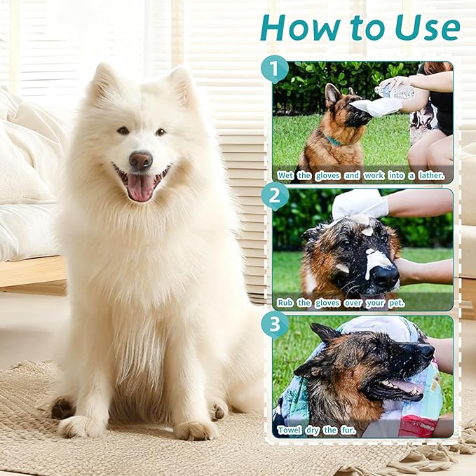 6 PCS Rinse Free Dog Shampoo Mitts, Waterless Dog Shampoo Mitts, Hypoallergenic Pet Bath Wipes Perfect for Dogs, Suitable for Daily Care and Travel