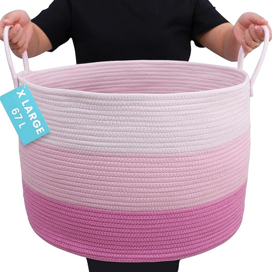 OrganiHaus Large Woven Storage Basket for Blankets and Toys 20" x 13" Inch, Rope Laundry Basket with Handles, Cushions & Pillows Storage Bin, Nursery Hamper, Soft Round Dog Toy Bin - Pink