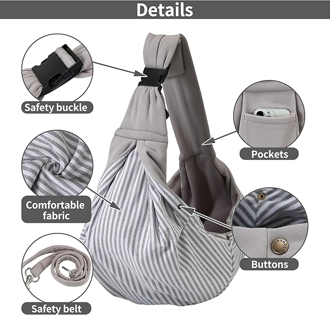 Small Pet Carrier Pouch Sling for Daily with Adjustable Strap Pocket Safety Buckle for Puppy Dog Papoose and Cat Kitten Grey