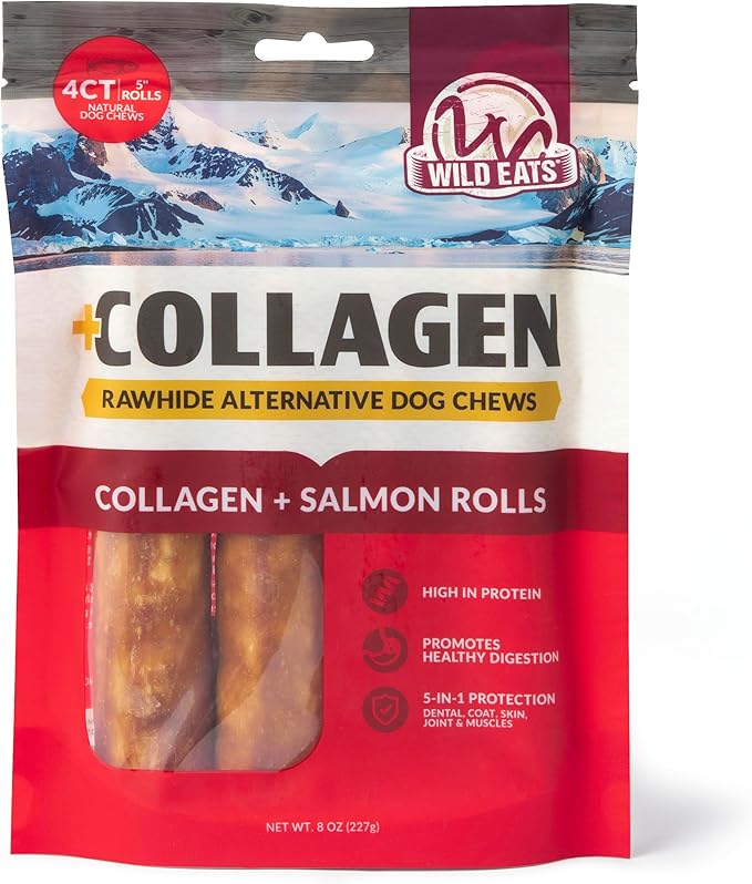 Wild Eats Salmon Flavor Collagen Retriever Style Cheek Roll 5" Dog Chews-4 Pack (Long Lasting Dog Chews Treats & Bones for Medium Dogs) Substitute for Pig Ears for Dogs