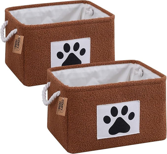 COMFY HOMI 2Pcs Dog Toy Basket with Metal Collapsible Pet Toy Storage Organizer with Handles-Soft Polyester Fleece Fabric Bin Storage Basket for Shelves, Toys Storage Organization 15"x10.2"x9.5"-Brown