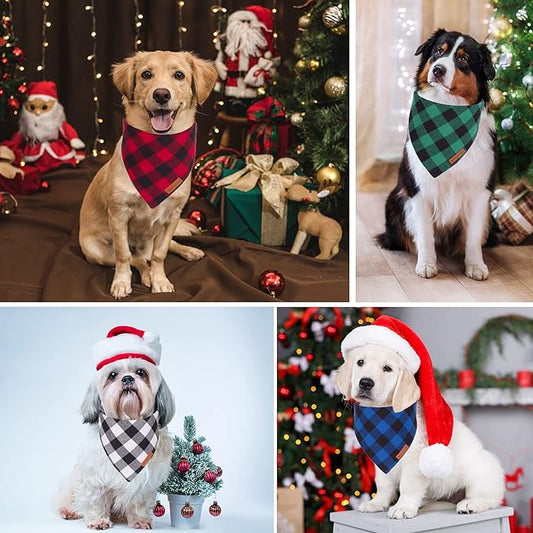 ADOGGYGO 4 Pack Dog Bandana Christmas Classic Plaid Bandana Scarf, Multiple Sizes Offered, Blue White Green Red Plaid Bandana for Medium Large Dogs (Large)