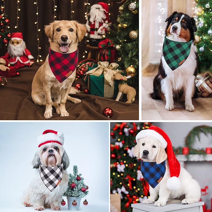 ADOGGYGO 4 Pack Dog Bandana Christmas Classic Plaid Bandana Scarf, Multiple Sizes Offered, Blue White Green Red Plaid Bandana for Large and X-Large Dogs (X-Large)