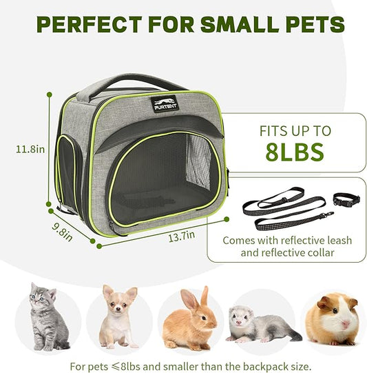 Guinea Pig Cage, Breathable and Collapsible, Small Pet Bag with Safety Leash - for Puppy, Kitten, Bunnies Weighing up to 8 Pounds Designed for Travel, Hiking, Walking and Outdoor Use, Gray Green
