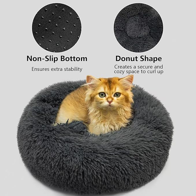 Dog & Cat Beds for Indoor pet, 27.5 inches Cat Bed Machine Washable,Plush Round Cat Bed, Soft Shag Fur, Dark Gray, Large