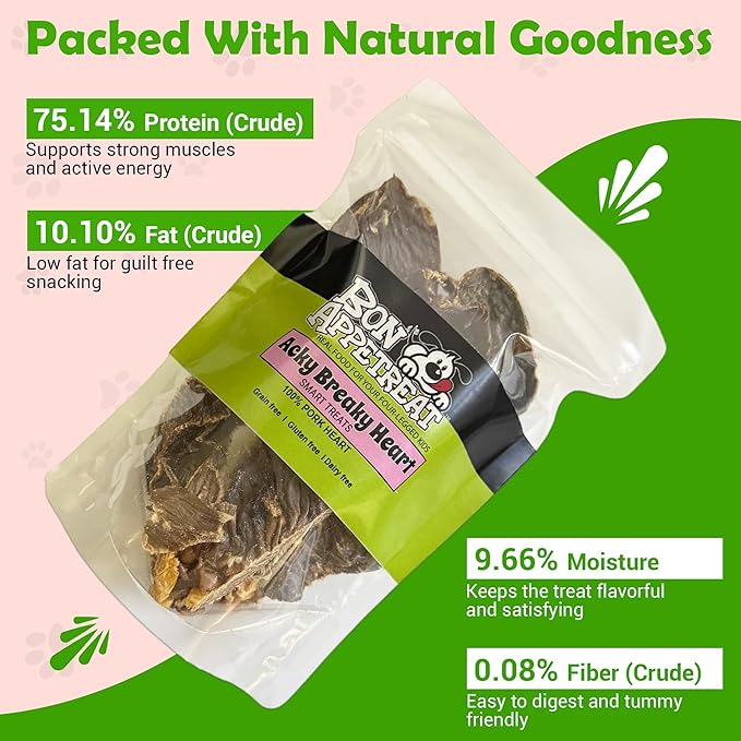Acky Breaky Heart Dog & Cat Treats – 100% Single-Ingredient with Protein Natural Chews & Gluten-Free – Dehydrated Pork Heart - Prepared for Maximum Flavor – Ideal for All Breeds & Ages