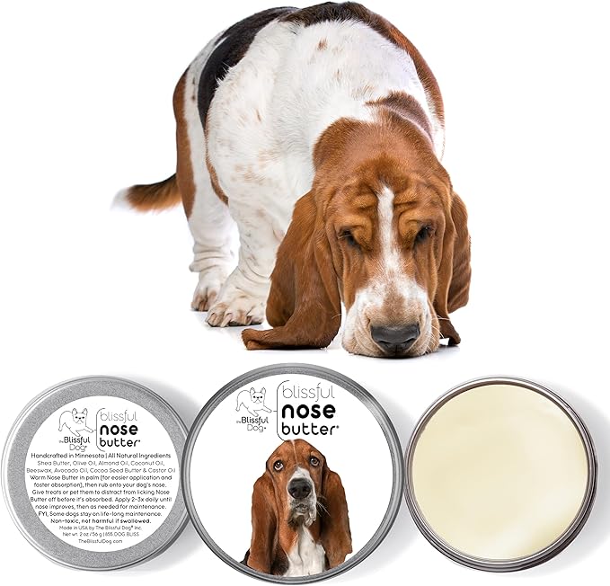 The Blissful Dog Basset Hound Nose Butter for Dry, Cracked Skin, Lick-Safe Dog Nose Balm with Moisturizing Shea Butter, Almond, Olive, and Essential Oils, Pet Supplies, Uncented, 8 oz.