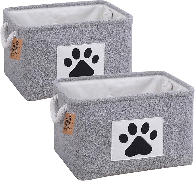 COMFY-HOMI 2Pcs Dog Toy Basket with Metal Collapsible Pet Toy Storage Organizer with Handles-Soft Polyester Fleece Fabric Bin Storage Basket for Shelves, Toys Storage Organization 15"x10.2"x9.5"-Grey