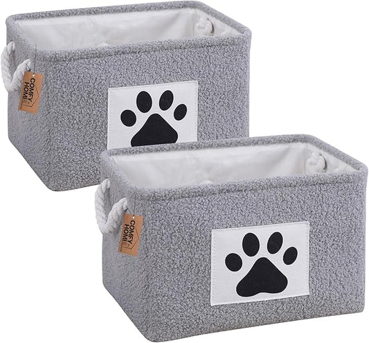 COMFY-HOMI 2Pcs Dog Toy Basket with Metal Collapsible Pet Toy Storage Organizer with Handles-Soft Polyester Fleece Fabric Bin Storage Basket for Shelves, Toys Storage Organization 15"x10.2"x9.5"-Grey