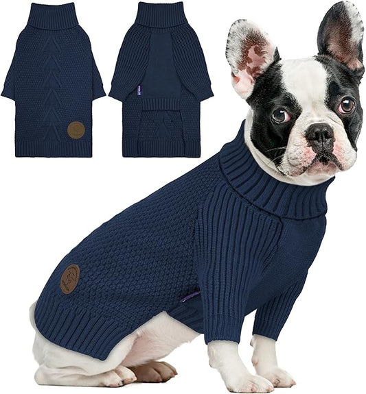 cyeollo Warm Small Dog Sweater, Knit Cold Weather Doggy Sweaters for Small Dogs Boy Pullover Winter Dog Clothes with Turtleneck for Indoor & Outdoor Wear, Navy M