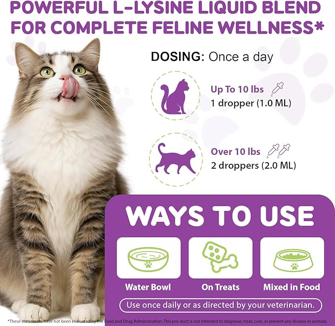 Cat L-Lysine Supplement for Immune & Respiratory Support 60ml, Support for Sneezing, Runny Nose & Eye Function, L-lysine Drops Roast Chicken Flavor.