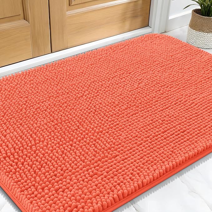 OLANLY Dog Door Mat for Muddy Paws 34x21, Absorbs Moisture and Dirt, Absorbent Non-Slip Washable Doormat, Quick Dry Chenille Mud Mat for Dogs, Entry Indoor Entryway Carpet for Inside Floor, Coral
