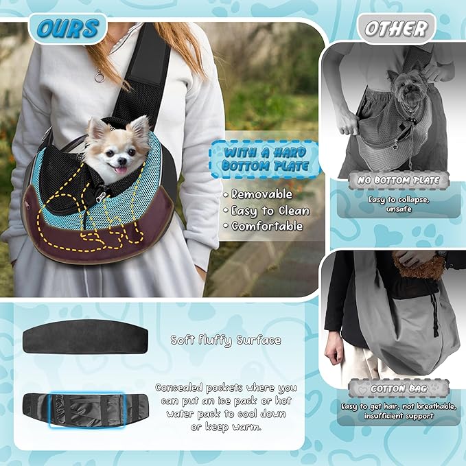 Upgraded Breathable Mesh Dog Sling Carrier for Small Dogs & Cats Up to 10 lbs- Detachable Hard Bottom, Adjustable Strap & Large Pocket - Hands-Free Pet Carrier for Travel Walking Hiking (Cyan Size M)
