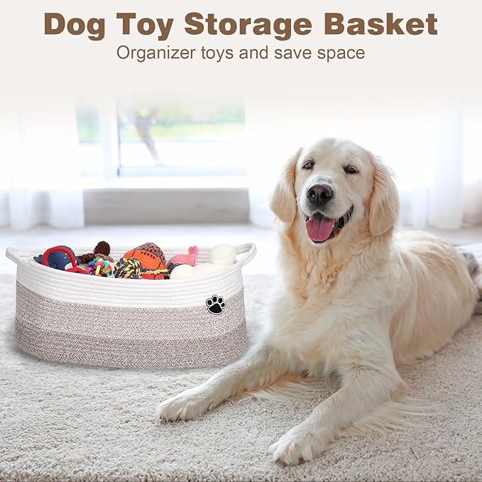Dog Toy Basket, Toy Box and Bin for Dog Cat Storage, 19.7" X 11" X 7.9" (30L) Large Woven Rope Basket for Blanket Storage, Living Room, Bedroom, White & Brown
