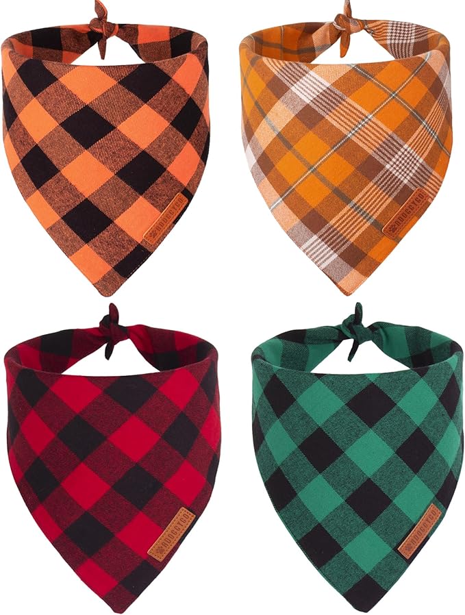 ADOGGYGO 4 Pack Plaid Dog Bandana for Fall Halloween Thanksgiving Christmas, Red Green Orange Plaid Pet Scarf Plaid Holiday Bandanas for Extra Large Dogs Pets (X-Large)