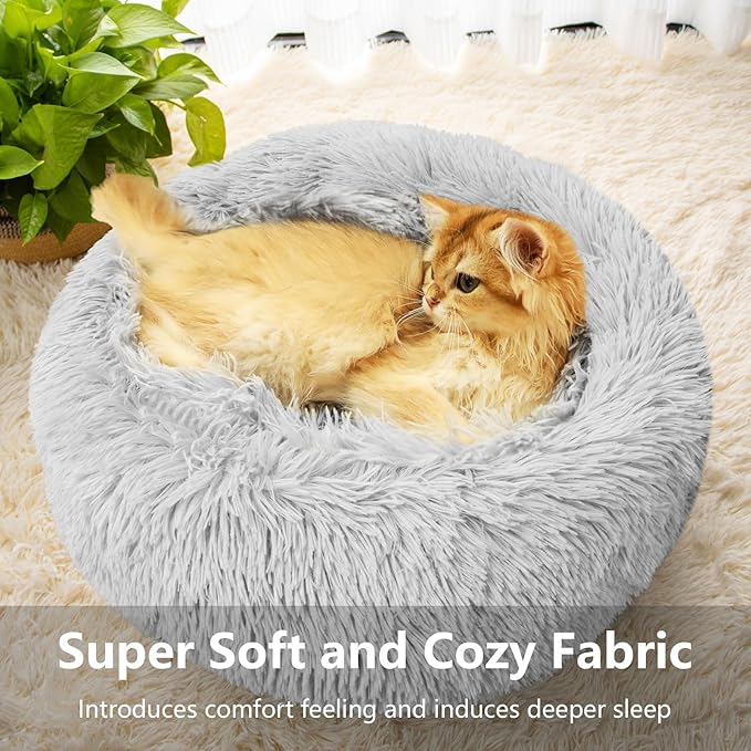 Cat & Dog Beds for Small Dogs Round Cat Beds for Indoor Cats Pet Bed for Puppy and Kitten with Slip-Resistant Bottom Plush Donut Cat Bed, Light Grey (XS-38cm)