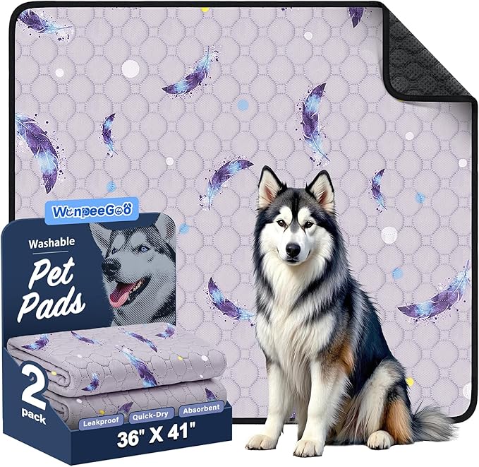 Washable Pee Pads for Dogs, 2Pack Reusable Puppy Pads, Super Absorbent & Leakproof Dog Pads, Anti-Slip Dog Pee Pads for Puppy Training & Incontinence, Feather Pattern 36"x41"