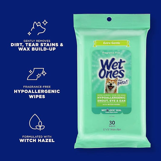 Wet Ones for Pets Extra Gentle Dog Wipes with Witch Hazel for Snout, Eye, Ear - Fragrance-Free Wipes for Dogs with Wet Lock Seal, 30 Count - 8 Pack
