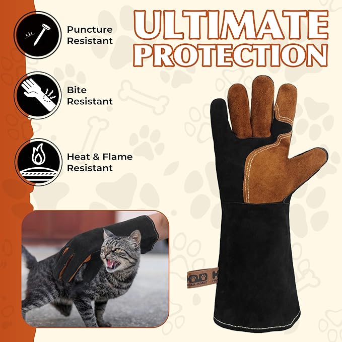 HANDLANDY 16 Inches Animal Handling Gloves Bite-Proof & Scratch-Resistant, Safe Durable Pet Gloves for Dogs, Cats, Falconry (Black, 16inch)
