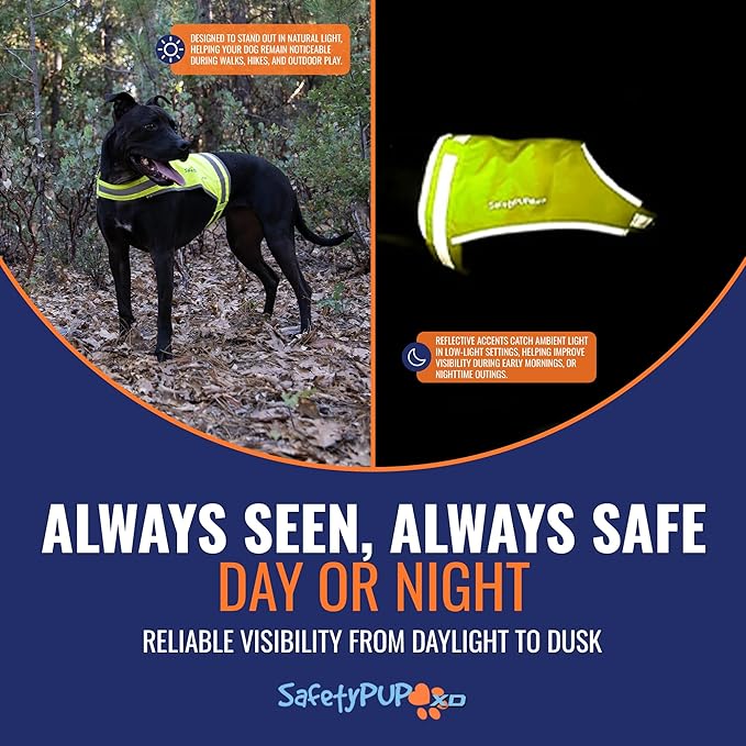 SafetyPUP XD Lite Dog Vest. Coverage to Mid Back. Reflective Hi Visibility Fluorescent Yellow Fabric Helps to Keep Them in Sight and Safe On and Off Leash.