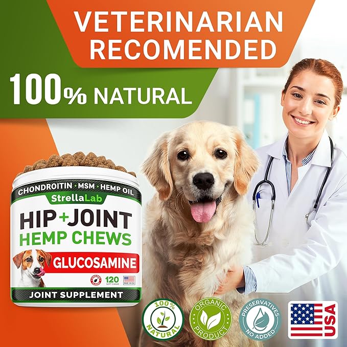 Advanced Hemp + Glucosamine Dog Joint Supplement - Hip Joint Pain Relief - Mobility Chews for Dogs - Chondroitin, MSM, Omega - Made in USA - Lamb Flavor - 120 Hemp Treats
