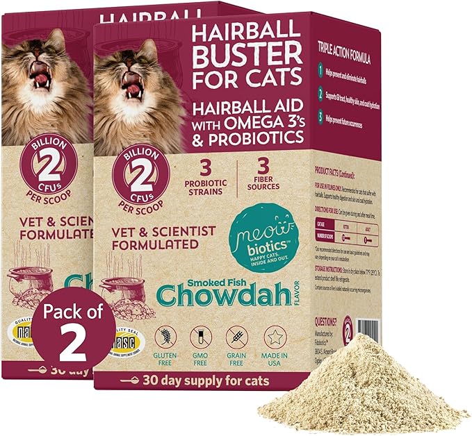 Fidobiotics - Meowbiotics Hairball Buster Powder for Cats with Probiotics 2 Billion CFU Smoked Fish Chowdah Flavor - 30 Serving(s) - Pack of 2