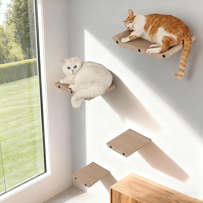 Wall Mounted Cat Shelves and Perches,Scratcher Cat Beds & Furniture for Indoor Cats, Soft PET Felt Feline Climbing Wall Set, Modern Jungle Gym System for Lounging and Sleeping(Set of 4-Oatmeal)