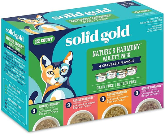 Solid Gold Wet Cat Food Variety Pack Shreds in Gravy - Healthy Canned Cat Food Made w/Real Chicken & Protein Shreds, Vitamins - Grain Free & Gluten Free Canned Meals for Cats & Kittens - 12ct/3oz Can