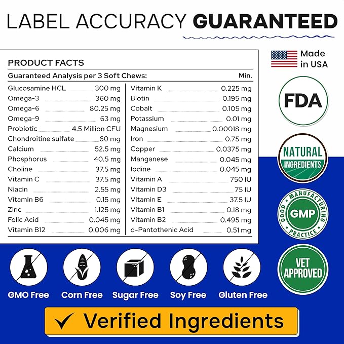 Dog Vitamins + Glucosamine - Chewable Multivitamins + Probiotics, Omega - Hip & Joint Support, Skin & Coat, Gut Health - Adult & Senior - Large & Small Breed - 120 Chews