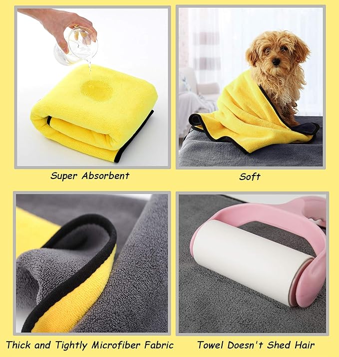 Dog Towel for Large Dogs Super Absorbent Microfiber Dog Bath Towel for Drying Small Medium Large Dogs and Cats, Yellow & Grey L