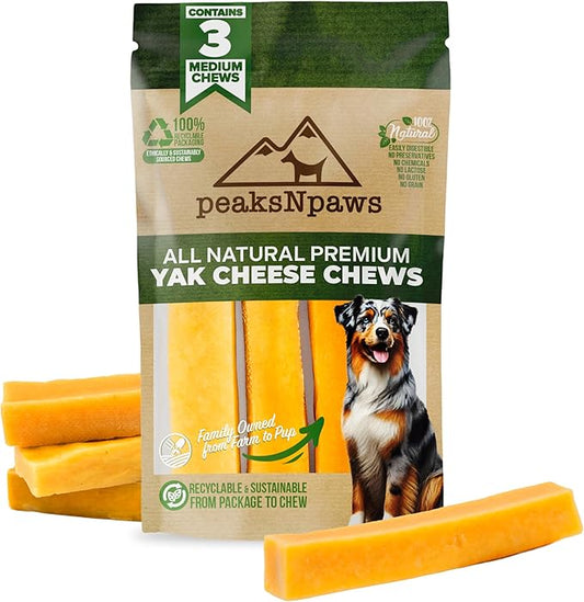 peaksNpaws Himalayan Dog Chews, High Protein Yak Cheese, Lactose Free, Natural Dog Treat, Long Lasting Chew Stick for Aggressive Chewers Under 35 lbs, 3 Medium Sticks, 100% Eco-Friendly Packaging