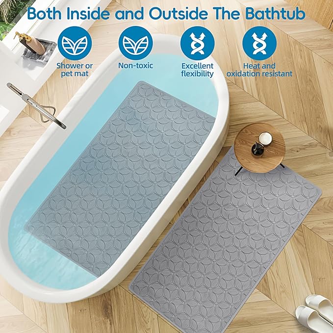 WRISIN Bathtub Mat Non Slip with Suction Cups - 100% Rubber Bathroom Mat Textured for Bath Tub Shower Safety - Soft on Touch - BPA/PVC Free - Pet Dog Bath Mat - Machine Washable - 17 × 35 Inch（Gray）