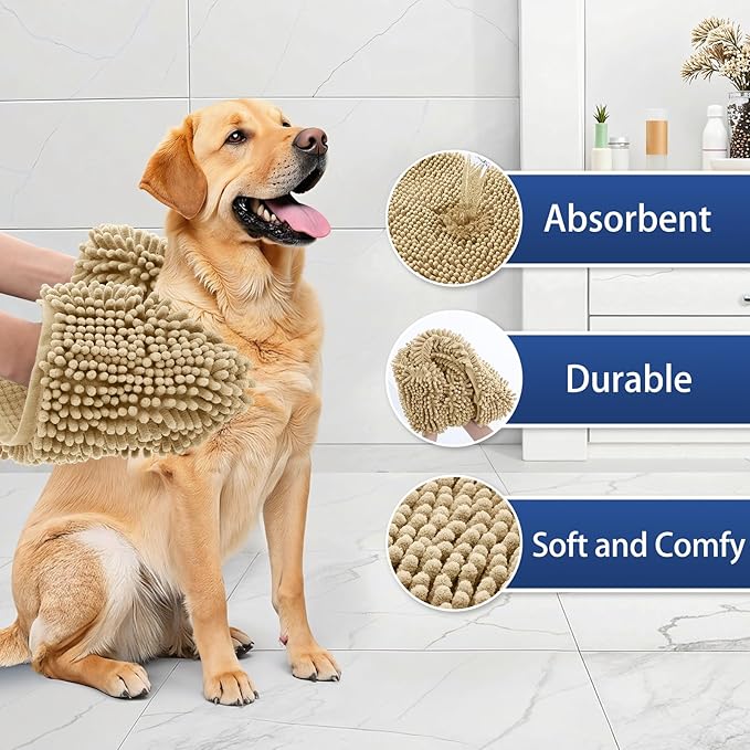 OLANLY Chenille Dog Bath Towel 31x13, Ultra Absorbent Quick Dry Pet Towel, Extra Soft Washable Plush Towel for Large Dogs & Puppies, Indoor Outdoor Use, Beige