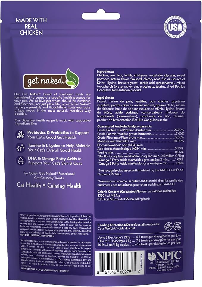 Get Naked Digestive Health Crunchy Cat Treats 2.5oz - Chicken Flavor, Grain-Free Cat Probiotics for Indoor Cats, Supports Healthy Digestion, Dental Health & Immunity, Made in The USA