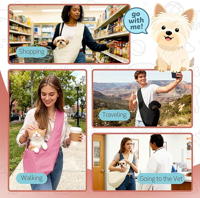 YUDODO Fashion Dog Sling Carrier for Small Dogs Lightweight Crossbody Pet Bag with Safety Strap, Pocket Storage, Machine Washable, Comfortable Travel & Outdoor Sling up to 9 lbs White