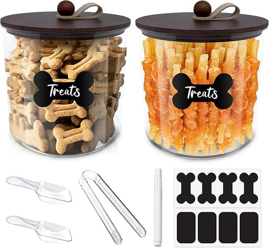 2 Pack Airtight Dog Food Storage Container,Dog Treat Container Dog Treat Jar with Wood Lids 6x5'',Pet Food Storage Container,Cat Food Container with Scoops,Food Tong,Labels,Pen